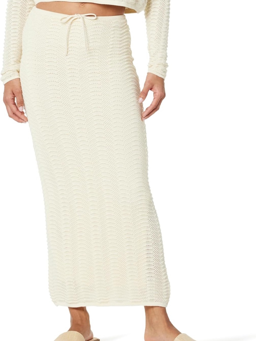 Knit Cream Maxi Skirt with Drawstring Waist